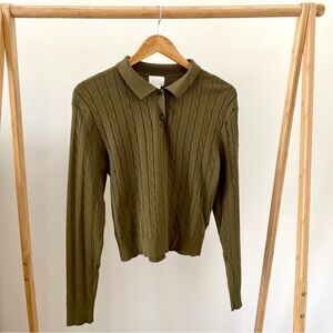 H&M Cable Knit Collared Polo Henley Sweater in Moss Green - S